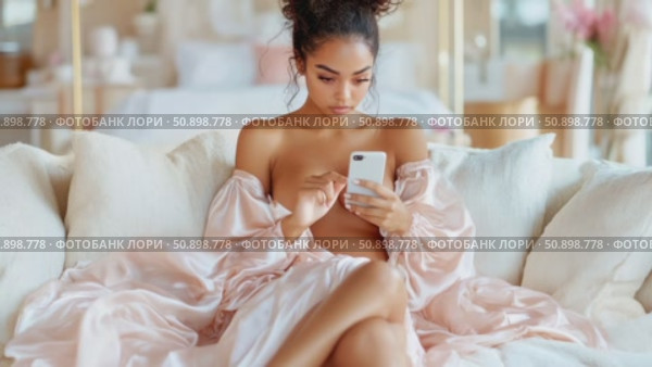 Graceful woman in lustrous satin attire, deeply absorbed by her modern handheld gadget on a comfortable large settee. Стоковое AI-видео, аниматор Данила Большаков / Фотобанк Лори