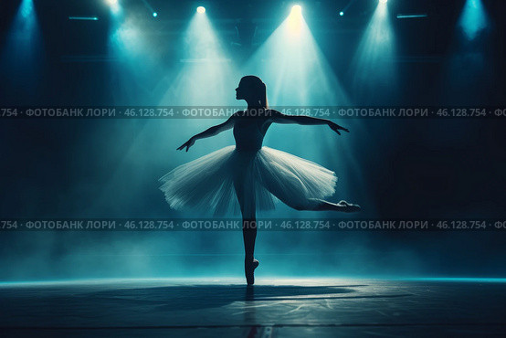 Gracious ballet dancer performs on stage illuminated by dramatic lighting during evening performance in a theater. Стоковое AI-изображение, AI-художник Sergey Grishin / Фотобанк Лори