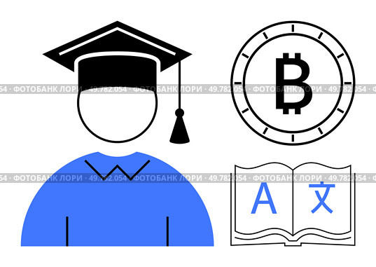 Graduate figure in cap and gown, Bitcoin symbol in circle, and open book with language characters. Ideal for education, cryptocurrency, language learning, academia, finance, technology, and digital. Education and Cryptocurrency Concept with Graduate, Bitcoin Symbol, and Language Book Icons. Стоковая иллюстрация, агентство Ingram Publishing / Фотобанк Лори