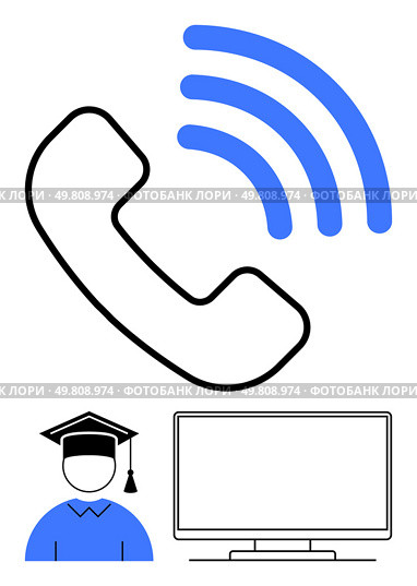 Graduate icon, computer monitor, phone receiver with wireless signal. Ideal for online education, e-learning, virtual classrooms, remote teaching, communication tools, academic training distance. Online Education Communication Concept with Phone, wireless Signal, Graduate Cap Icon, and Computer Monitor. Стоковая иллюстрация, агентство Ingram Publishing / Фотобанк Лори