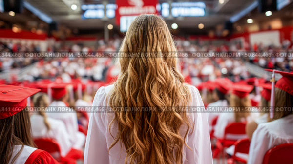 Graduation Ceremony: A graduate with blonde hair facing a crowd of graduates in caps and gowns, celebrating academic achievement. Стоковое AI-изображение, AI-художник Данила Большаков / Фотобанк Лори