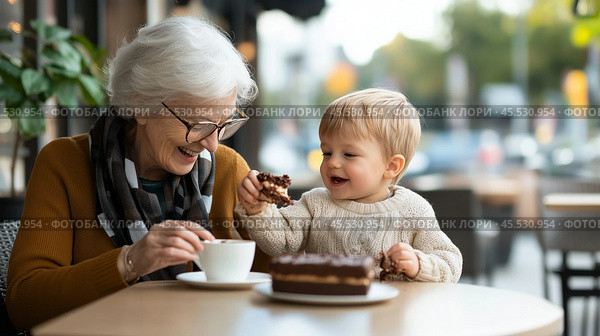 Grandmother enjoys cake with small child at cafe in the afternoon sunlight during a joyful family outing. Стоковое AI-изображение, AI-художник Сергей Толмачёв / Фотобанк Лори