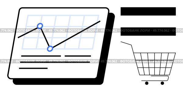 Graph with data points indicating sales trends. Shopping cart icon represents an ecommerce theme. Ideal for business analysis, sales forecasting, ecommerce, marketing strategies, and financial. Ecommerce Data Analytics Sales Trends and Shopping Cart Statistics. Стоковая иллюстрация, агентство Ingram Publishing / Фотобанк Лори