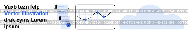 Graph with fluctuating line data, documents with texts and icons, and a blue cloud. Ideal for business analytics, data visualization, document management, cloud storage solutions, corporate. Business Analysis with Graphs, Document Management, and Cloud Storage for Efficient Data Integration. Стоковая иллюстрация, агентство Ingram Publishing / Фотобанк Лори