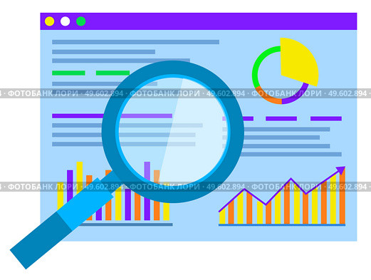 Graphic studying, business statistics infographic or scheme vector. Visual graph presentation, presentation and magnifying glass, research and knowledge. Development and analytical data illustration. Statistics and Analytics, Graphic Chart Research. Стоковая иллюстрация, агентство Ingram Publishing / Фотобанк Лори
