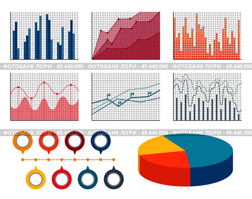 Graphics for all types of information set. Flat curves, thin bars and volumetric diagram with sections. Data in form of graphic vector illustration.. Bright Graphics for All Types of Information Set. Стоковая иллюстрация, агентство Ingram Publishing / Фотобанк Лори