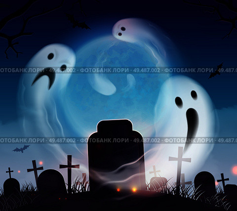 Graveyard ghost realistic halloween scenery landscape composition with scary and funny spooks floating above cemetery vector illustration. Стоковая иллюстрация, агентство Ingram Publishing / Фотобанк Лори