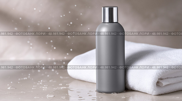 Gray bottle on white towel with water droplets in a serene setting. Серая бутылка на белом полотенце с капельками воды в безмятежной обстановке. Стоковое AI-изображение, AI-художник Katsiaryna Repich / Фотобанк Лори
