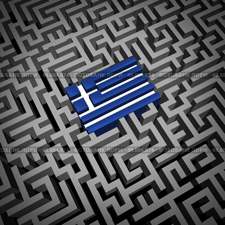 Greece crisis or Greek debt crisis and austerity management concept as the blue and white flag inside a complicated maze or labyrinth as an Athens financial metaphor for European economic social issues. Стоковое фото, агентство Ingram Publishing / Фотобанк Лори