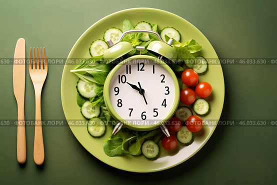 Green alarm clock on plate with salad, cucumbers and tomatoes symbolizing intermittent fasting and healthy eating habits. Стоковое AI-изображение, AI-художник Иван Рябоконь / Фотобанк Лори