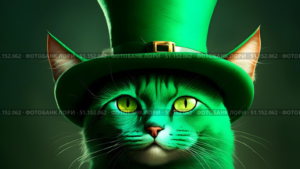Green cat in leprechaun hat. Стоковое AI-изображение, AI-художник Дмитрий Нечаев / Фотобанк Лори
