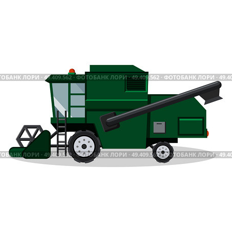 Green combine harvester for farmers to work on fields isolated on white background. Machinery for human facilitation of labor vector illustration.. Green Combine Harvester for Farmers Illustration. Стоковая иллюстрация, агентство Ingram Publishing / Фотобанк Лори