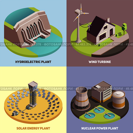 Green energy production concept 4 isometric icons with wind turbine hydroelectric and solar energy plants vector illustration. Стоковая иллюстрация, агентство Ingram Publishing / Фотобанк Лори