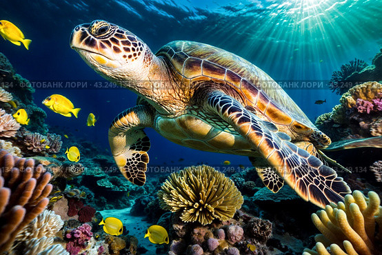 Green sea Turtle (Testudines) mammal swimming in tropical underwaters. Turtles in underwater wild animal world. Observation of wildlife ocean. Scuba diving adventure in Ecuador coast. Copy text space. Стоковое AI-изображение, AI-художник Aleksandr Golubev / Фотобанк Лори