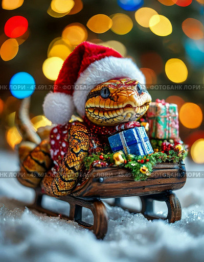 Green snake, symbol of 2025 according to the Eastern calendar, in a red New Year's cap. The snake symbolizes wisdom, vitality, immortality and healing powers. Festive New Year's atmosphere. Стоковое AI-изображение, AI-художник Сергей Елизарьев / Фотобанк Лори