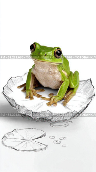 Green tree frog perching on pencil drawn water lily pad, blending realistic amphibian with artistic sketch, surrounded by delicate water droplets against minimalist background. Стоковое AI-изображение, AI-художник Юрий Поздников / Фотобанк Лори