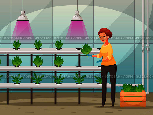 Greenhouse farming background with led light nutrients cartoon vector illustration. Стоковая иллюстрация, агентство Ingram Publishing / Фотобанк Лори