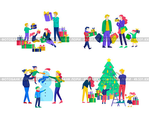 greeting card winter Holidays. Merry Christmas and Happy New Year. People Characters familydecorating Christmas tree, making snowman, preparing for celebrating, buying and give present, unpack gift. greeting card winter Holidays. Merry Christmas and Happy New Year Website. People Characters family with present decorating Christmas tree on background of interior. Стоковая иллюстрация, агентство Ingram Publishing / Фотобанк Лори
