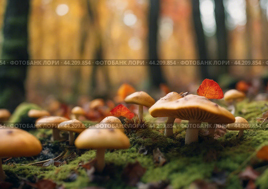 Грибы в осеннем лесу. Стоковое AI-изображение, AI-художник Богдан Миленков / Фотобанк Лори
