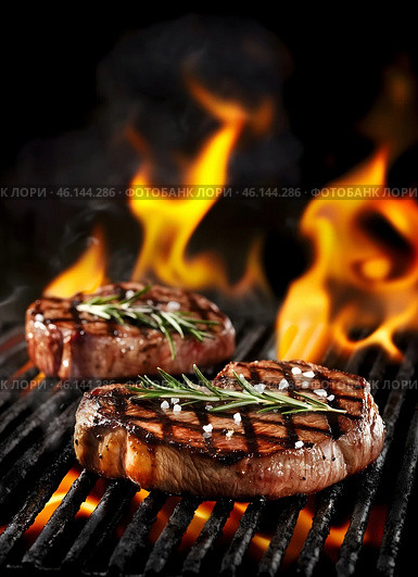 Grilled meat on grill. Fire flames in the background. AI illustration. Vertical layout. Стоковое AI-изображение, AI-художник Катерина Ковалева / Фотобанк Лори