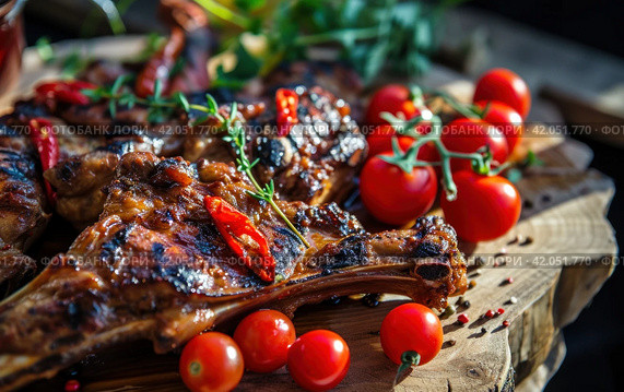 grilled meat with tomatoes, chilies and herbs on a wooden bbq. Стоковое AI-изображение, AI-художник Юлия Гапеенко / Фотобанк Лори