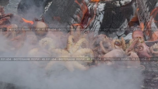 Grilled octopus cooking over open flames with smoky effect for food enthusiasts. Стоковое видео, видеограф Антон Гвоздиков / Фотобанк Лори