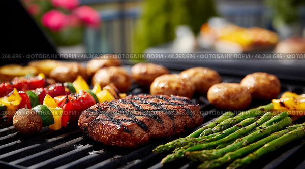 Grilling Steak and Vegetables on a Sunny Afternoon in a Backyard Setting. Стоковое AI-изображение, AI-художник Юлия Гапеенко / Фотобанк Лори