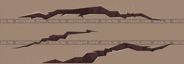 Ground cracks, earthquake cracking holes, ruined land surface crushed texture. Destruction, split, damage fissure effect after disaster. Cracks in ground, earthquake destruction vector illustration. Ground cracks, earthquake cracking holes, ruined land. Destruction of soil surface structure. Стоковая иллюстрация, агентство Ingram Publishing / Фотобанк Лори