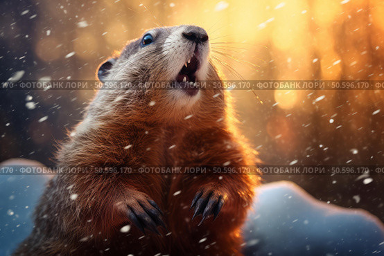 Groundhog predicting weather during snowfall at sunset. Стоковое AI-изображение, AI-художник Иван Рябоконь / Фотобанк Лори