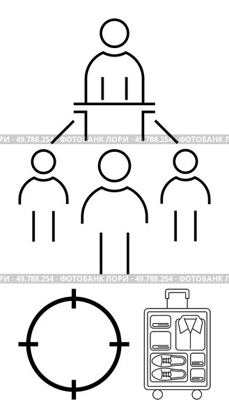 Group leader directing team members, target scope, and organized luggage highlights leadership, target setting, business travel. Ideal for management, goals, travel plans, team structure. Business Hierarchy with Target Focus and Travel Preparedness Concept in Linear Style. Стоковая иллюстрация, агентство Ingram Publishing / Фотобанк Лори