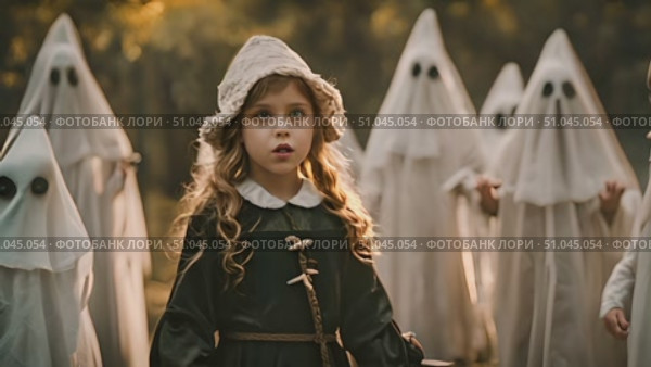 Group of children don ghost costumes as they go trick-or-treating in their neighborhood, knocking on doors and collecting candy on Halloween night. Стоковое AI-видео, аниматор Данила Большаков / Фотобанк Лори