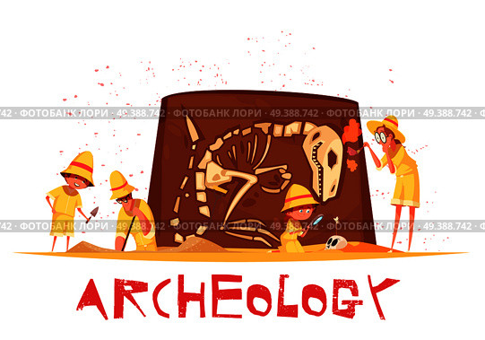 Group of explorers with work tools during archaeological digs of dinosaur skeleton cartoon vector illustration. Archaeological Digs Dinosaur Skeleton Illustration. Стоковая иллюстрация, агентство Ingram Publishing / Фотобанк Лори