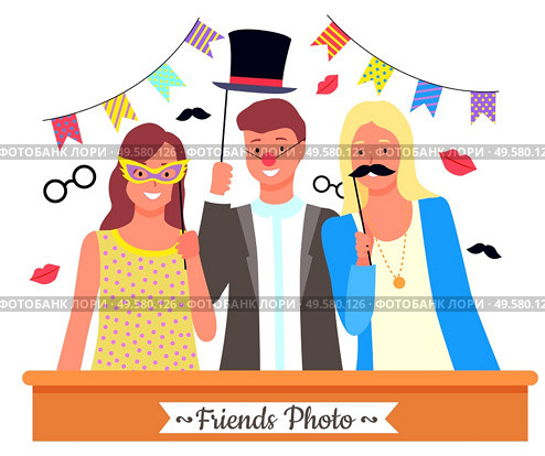 Group of friends posing with photo booth props. Paper glasses, cylinder hat, red clown nose and other party accessories and decoration. Teenage boy and girls in funny costumes vector illustration. Friends Posing for Photo with Accessories Vector. Стоковая иллюстрация, агентство Ingram Publishing / Фотобанк Лори