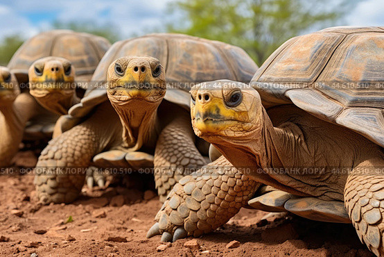 Group of Galapagos Giant Tortoises close up. Стоковое AI-изображение, AI-художник Veniamin Kraskov / Фотобанк Лори