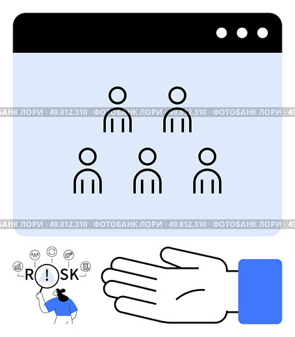 Group of people in a web interface, risk analysis with icons and magnifier, supportive hand gesture. Ideal for user management, online collaboration, risk assessment, community support, guidance. Web Interface with Group of Users, Risk Analysis, and Hand Gesture Symbolizing Support and Guidance. Стоковая иллюстрация, агентство Ingram Publishing / Фотобанк Лори