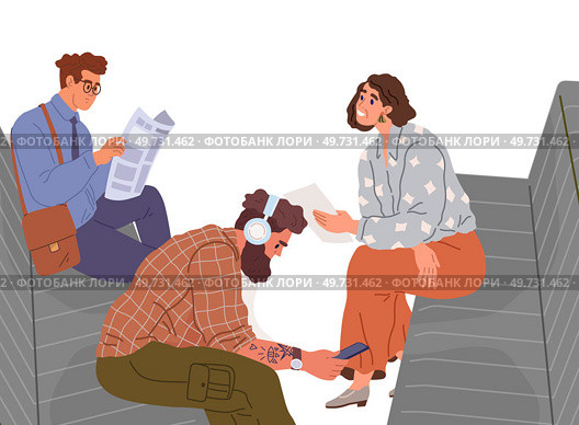 Group of people in waiting hall. Rest in expectation. Man sitting on couch with newspaper, drinking coffee. Interior of house or hotel. People in hospital or at public laundry, visitors communicate. People in waiting hall. Rest in expectation. Man sitting on couch with newspaper, drinking coffee. Стоковая иллюстрация, агентство Ingram Publishing / Фотобанк Лори