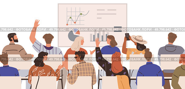 Group of people sitting and paying attention to a presentation with charts and graphs. Ideal for educational settings, business meetings, teamwork activities, data analysis discussions, and. Group of Diverse People Attending and Engaging in Meeting with Presentation Screen Showing Graphs and Charts. Стоковая иллюстрация, агентство Ingram Publishing / Фотобанк Лори