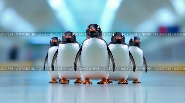 Group of playful penguins walking together in a spacious environment. Группа игривых пингвинов гуляет вместе в просторном помещении. Стоковое AI-изображение, AI-художник Katsiaryna Repich / Фотобанк Лори