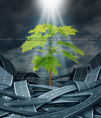 Growth achievement as a tree sapling emerging and breaking free from a group of tangled urban roads and highways as a concept of the power of nature and for conservation and the environment. Стоковое фото, агентство Ingram Publishing / Фотобанк Лори