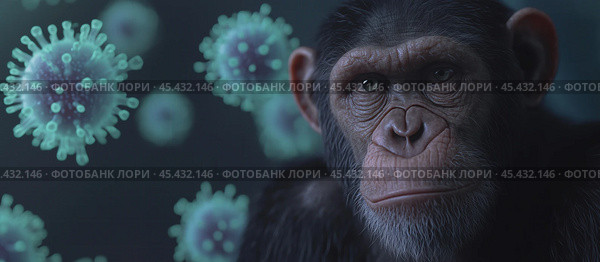 Грустная обезьяна MPOX с клетками вируса оспы обезьян. Угроза пандемии вспышки Mpox, зоонозное заболевание, вирусный патоген приматов, фон. Стоковое AI-изображение, AI-художник ФотоИнтеллект / Фотобанк Лори