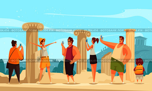 Guide excursion ruins composition with outdoor landscape and ruins of ancient architectures with curious tourist characters vector illustration. Стоковая иллюстрация, агентство Ingram Publishing / Фотобанк Лори