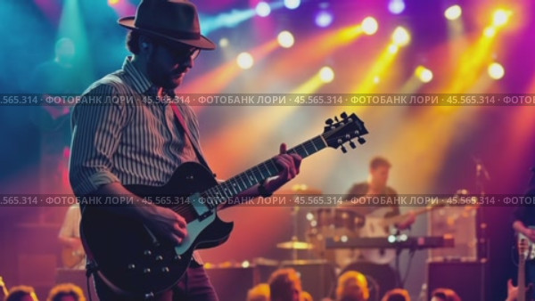 Guitarist performing live on stage with band and crowd. Стоковое AI-видео, аниматор Юрий Поздников / Фотобанк Лори