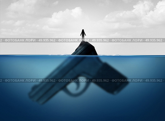 Gun concept as a child standing on a giant firearm submerged in water as a symbol for guns and violence and the risk of weapons on vulnerable children with 3D illustration elements.. Gun Concept. Стоковое фото, агентство Ingram Publishing / Фотобанк Лори