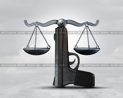 Gun law and weapon legislation concept as a handgun shaped as a justice scale as a legal rights idea as a 3D illustration. Стоковое фото, агентство Ingram Publishing / Фотобанк Лори
