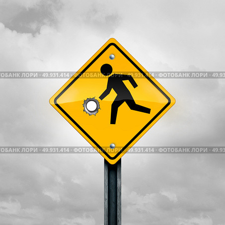 Guns and children and firearms or weapons access and violence on a child as a kid crossing traffic sign with a gunshot hole as a safety and risk symbol as a 3D illustration. Стоковое фото, агентство Ingram Publishing / Фотобанк Лори