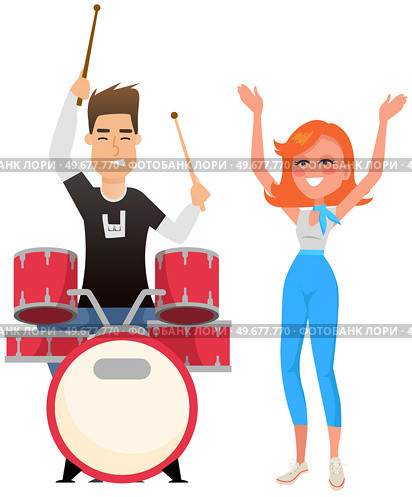 Guy drummer at drum. Brutal man playing with sticks on drums and cymbals flat style design. Talented happy musician, musical show. Musical art concept, member of rock group, music equipment on stage. Guy drummer musician at drum. Brutal man playing with sticks on drums and cymbals, rock music. Стоковая иллюстрация, агентство Ingram Publishing / Фотобанк Лори