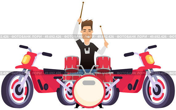 Guy drummer at drum. Brutal man playing with sticks on drums and cymbals flat style design. Talented happy musician, musical show. Musical art concept, rock music equipment, motorcycle on stage. Guy drummer musician at drum. Brutal man playing with sticks on drums and cymbals, rock music. Стоковая иллюстрация, агентство Ingram Publishing / Фотобанк Лори