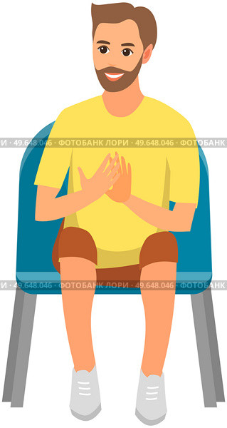 Guy sitting on chair and watching show isolated on white background. Smiling male character in viewer seat looking at something and applauding. Man in audience, spectator sitting on viewer place. Smiling man in viewer seat looking at something and applauding. Guy sits and claps his hands. Стоковая иллюстрация, агентство Ingram Publishing / Фотобанк Лори
