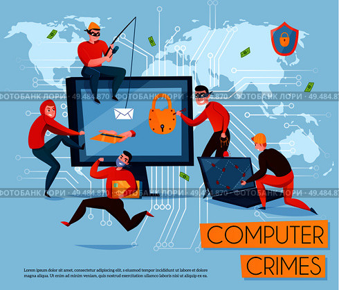Hacker group composition with computer crimes headline and five scammers steal information vector illustration. Стоковая иллюстрация, агентство Ingram Publishing / Фотобанк Лори
