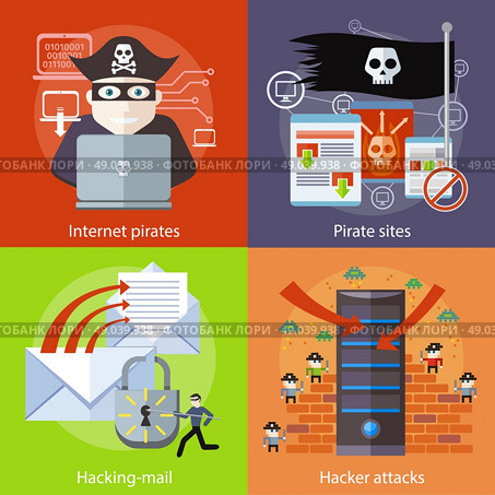 Hackers attaks activity. Hacker activity viruses hacking and e-mail spam. Computer crime in flat design. Pirate attacking laptop computer as internet pirate. Homepage of pirate sites with flag. Стоковая иллюстрация, агентство Ingram Publishing / Фотобанк Лори